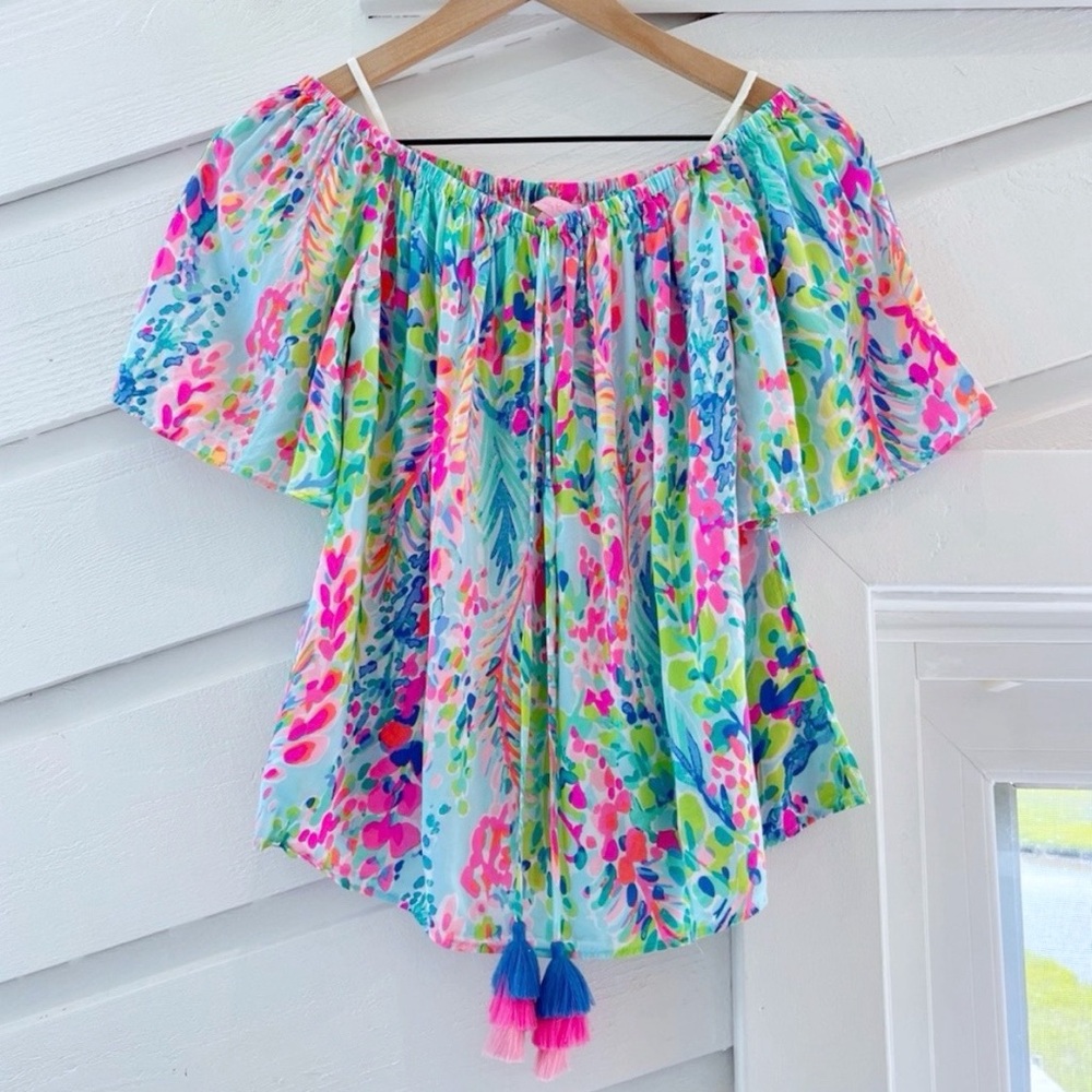 Lilly Pulitzer Sain Top Catch the Wave Off Shoulder Tassel Blouse XS